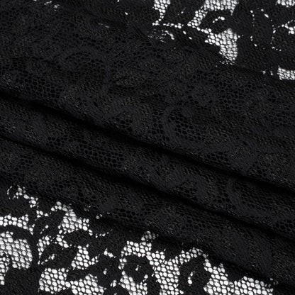 Stretch Raschel Lace with Finished Scalloped Edges - Luminous Black Flowers, Leaves and Swirls - Crina Collection