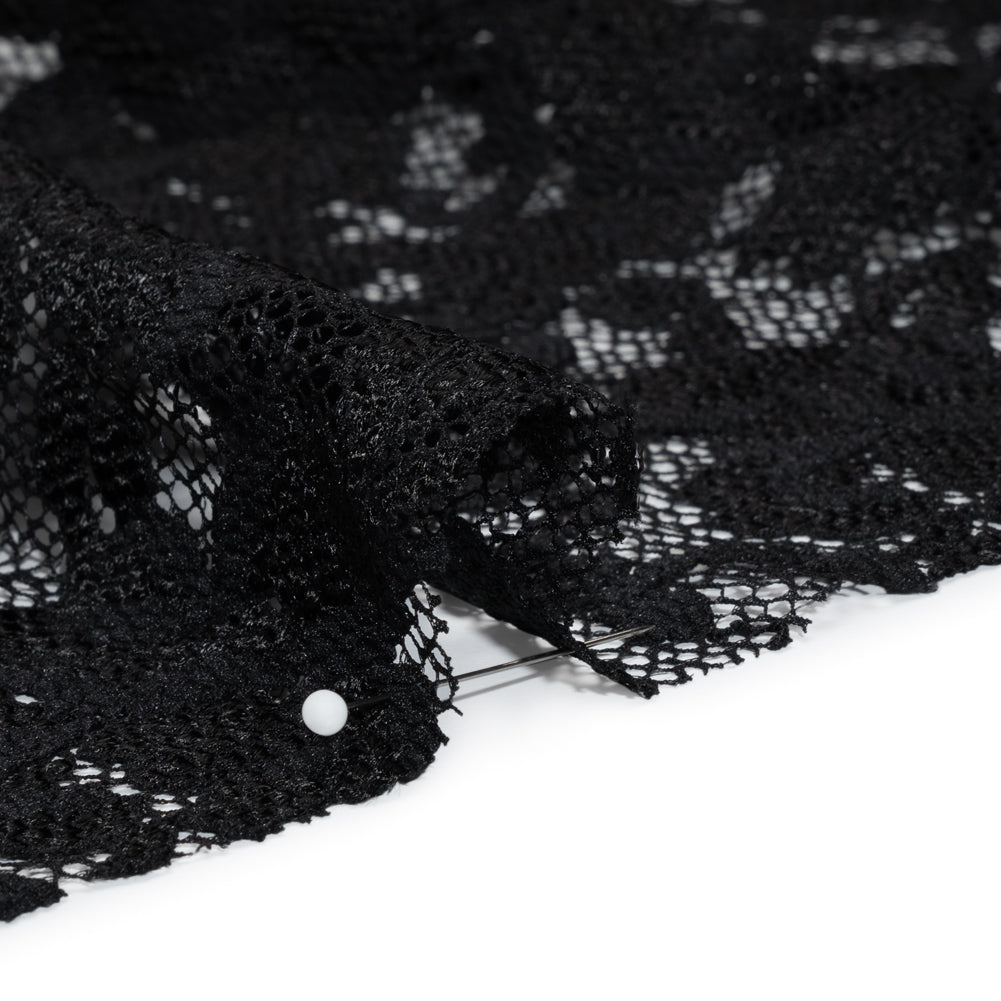 Stretch Raschel Lace with Finished Scalloped Edges - Luminous Black Flowers, Leaves and Swirls - Crina Collection - Detail