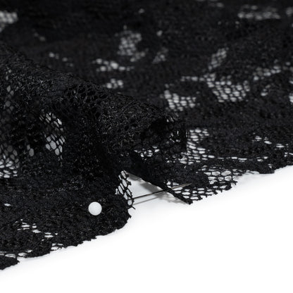 Stretch Raschel Lace with Finished Scalloped Edges - Luminous Black Flowers, Leaves and Swirls - Crina Collection