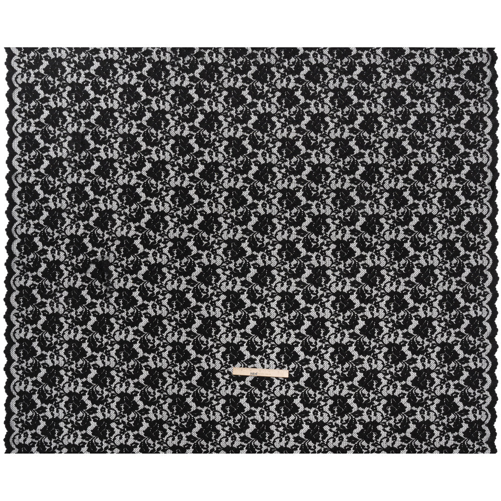 Stretch Raschel Lace with Finished Scalloped Edges - Luminous Black Flowers, Leaves and Swirls - Crina Collection - Full