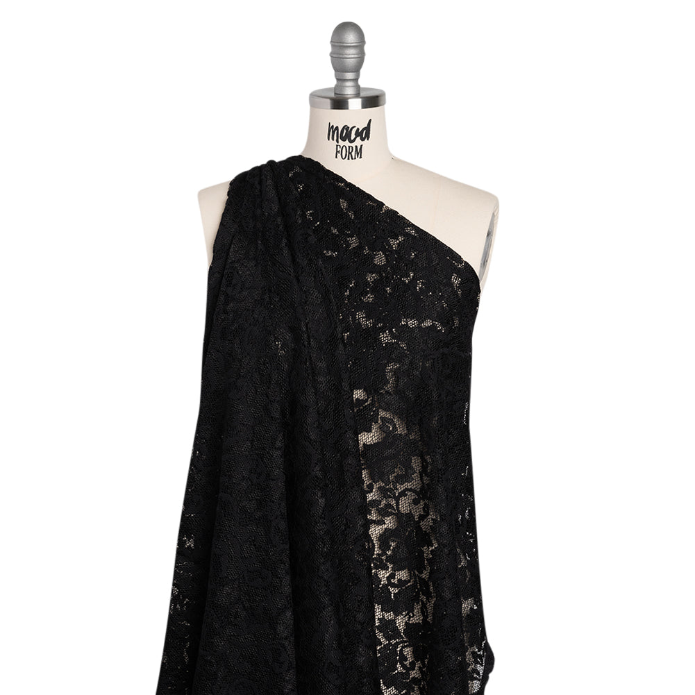 Stretch Raschel Lace with Finished Scalloped Edges - Luminous Black Flowers, Leaves and Swirls - Crina Collection - Drape