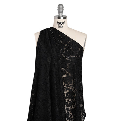 Stretch Raschel Lace with Finished Scalloped Edges - Luminous Black Flowers, Leaves and Swirls - Crina Collection