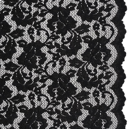 Stretch Raschel Lace with Finished Scalloped Edges - Luminous Black Flowers, Leaves and Swirls - Crina Collection