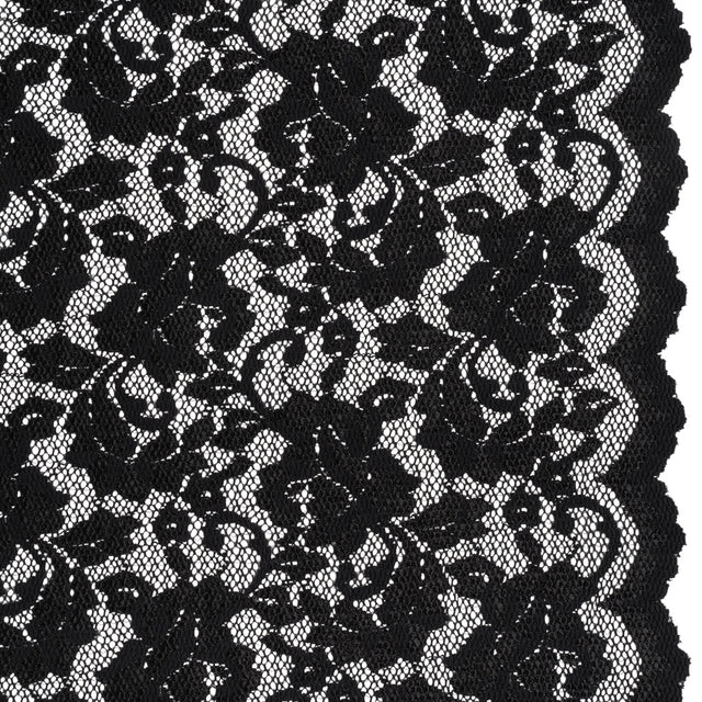 Stretch Raschel Lace with Finished Scalloped Edges - Luminous Black Flowers, Leaves and Swirls - Crina Collection