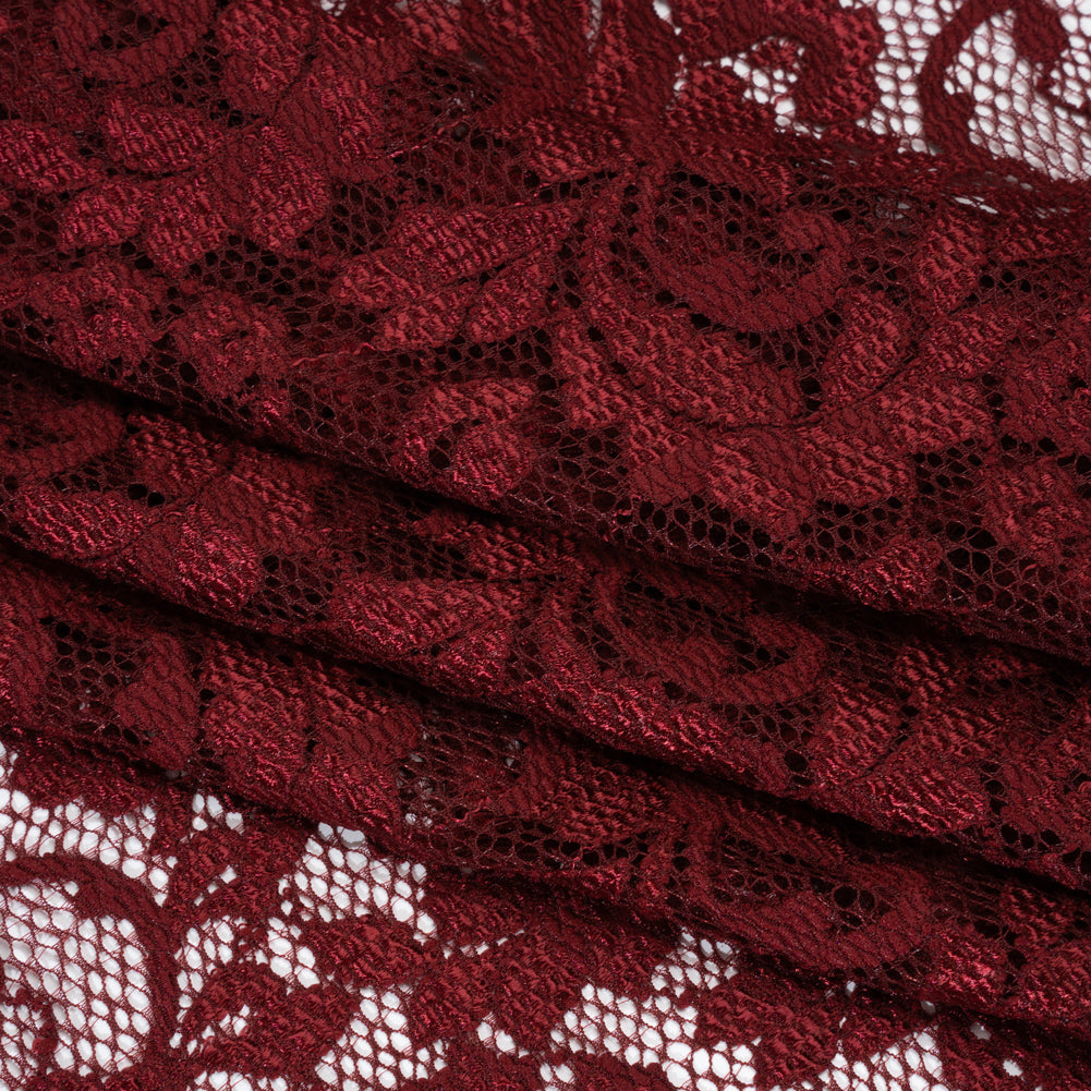 Stretch Raschel Lace with Finished Scalloped Edges - Luminous Deep Red Flowers, Leaves and Swirls - Crina Collection - Folded