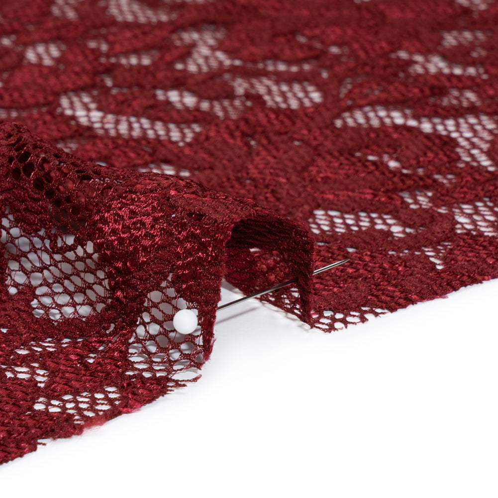 Stretch Raschel Lace with Finished Scalloped Edges - Luminous Deep Red Flowers, Leaves and Swirls - Crina Collection - Detail