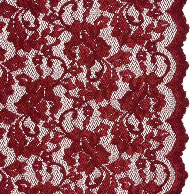 Stretch Raschel Lace with Finished Scalloped Edges - Luminous Deep Red Flowers, Leaves and Swirls - Crina Collection