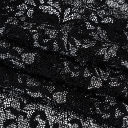 Stretch Raschel Lace with Finished Scalloped Edges - Metallic Silver and Black Flowers, Leaves and Swirls - Crina Collection