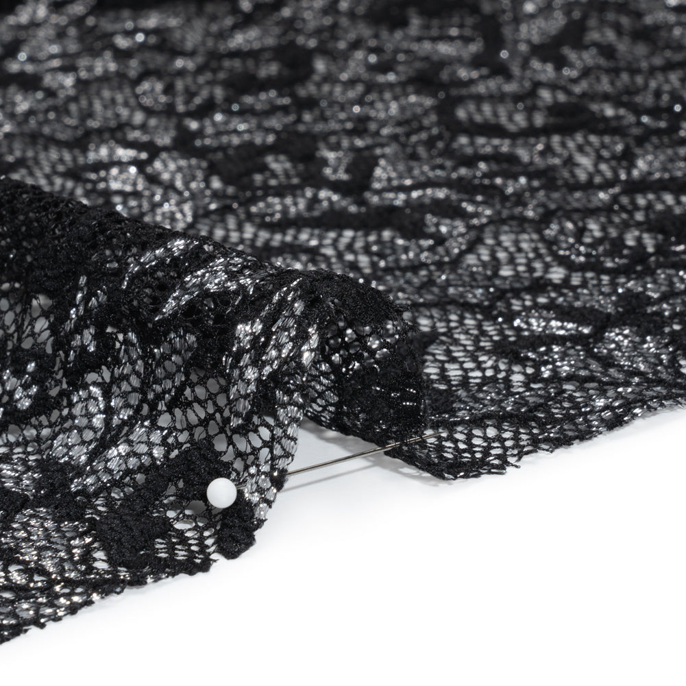 Stretch Raschel Lace with Finished Scalloped Edges - Metallic Silver and Black Flowers, Leaves and Swirls - Crina Collection - Detail