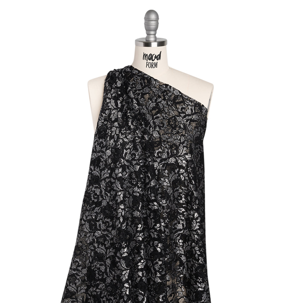 Stretch Raschel Lace with Finished Scalloped Edges - Metallic Silver and Black Flowers, Leaves and Swirls - Crina Collection - Drape
