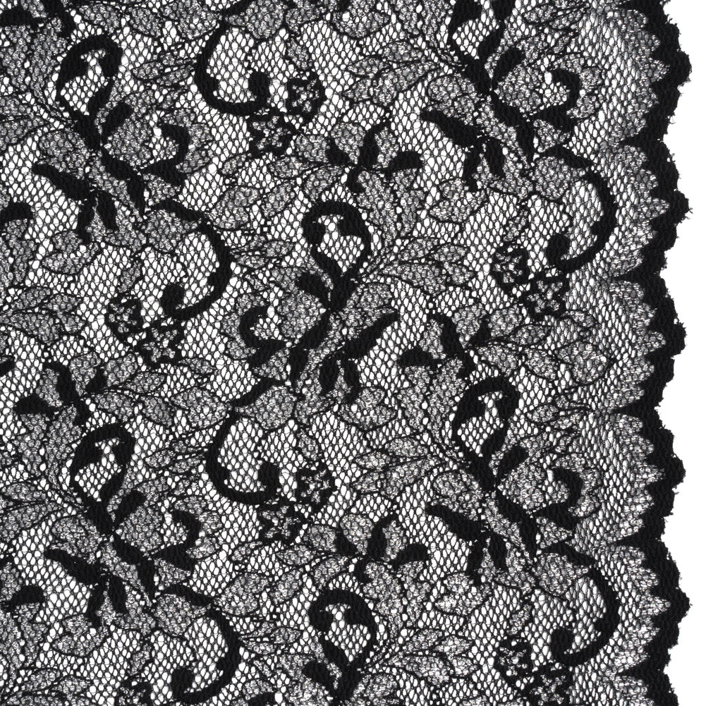 Stretch Raschel Lace with Finished Scalloped Edges - Metallic Silver and Black Flowers, Leaves and Swirls - Crina Collection