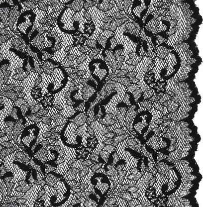 Stretch Raschel Lace with Finished Scalloped Edges - Metallic Silver and Black Flowers, Leaves and Swirls - Crina Collection
