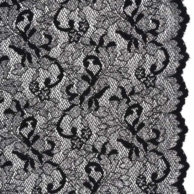 Stretch Raschel Lace with Finished Scalloped Edges - Metallic Silver and Black Flowers, Leaves and Swirls - Crina Collection