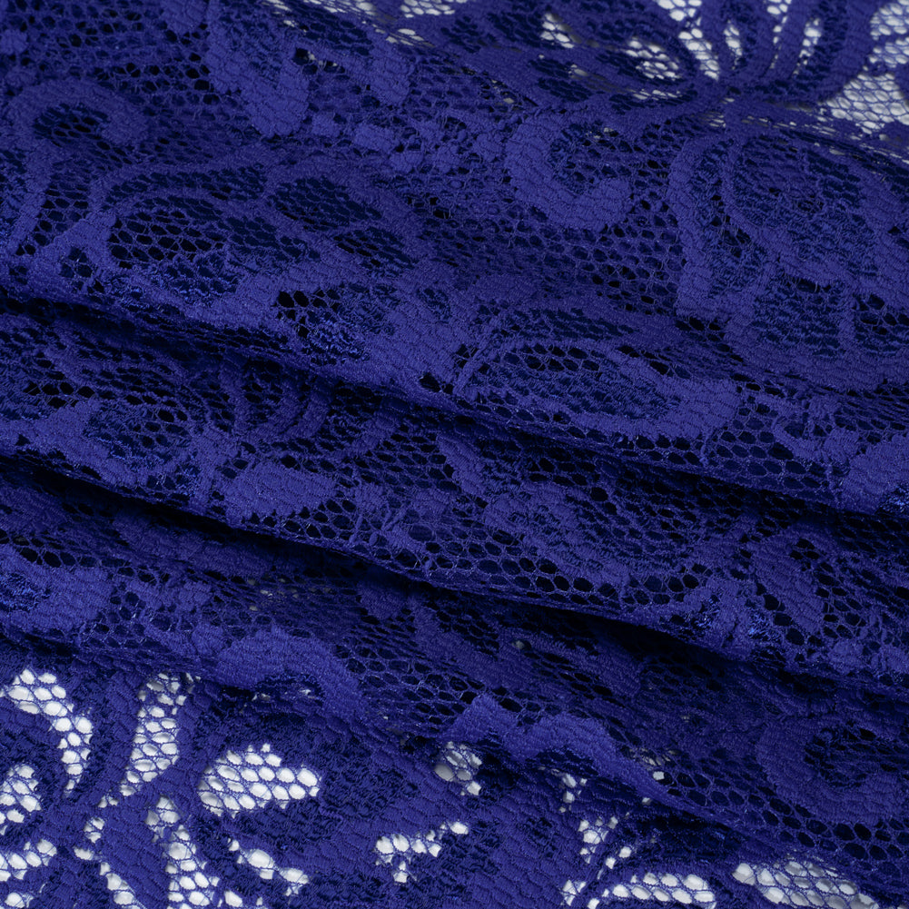 Stretch Raschel Lace with Finished Edges - Royal Blue Blooming Petals - Folded