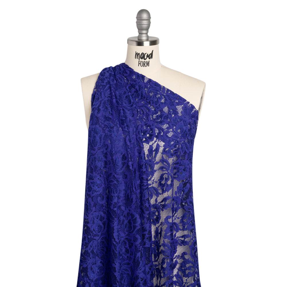 Stretch Raschel Lace with Finished Edges - Royal Blue Blooming Petals - Drape