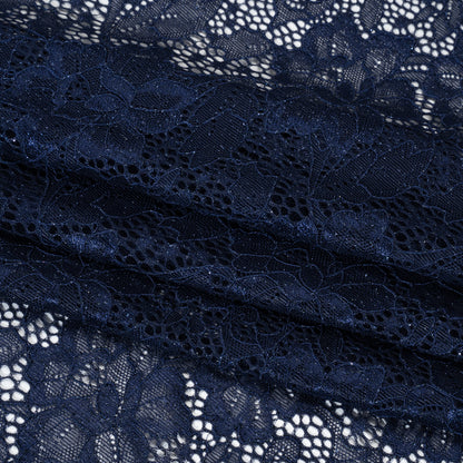 Stretch Corded Raschel Lace with All-Over Glitter - Navy on Navy Floral