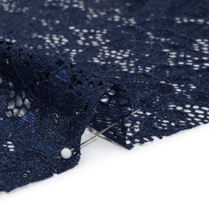 Stretch Corded Raschel Lace with All-Over Glitter - Navy on Navy Floral