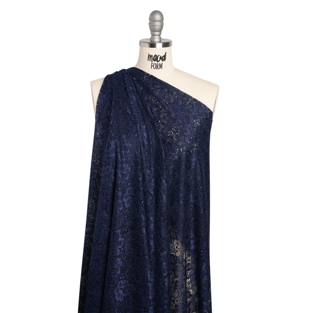 Stretch Corded Raschel Lace with All-Over Glitter - Navy on Navy Floral - Drape