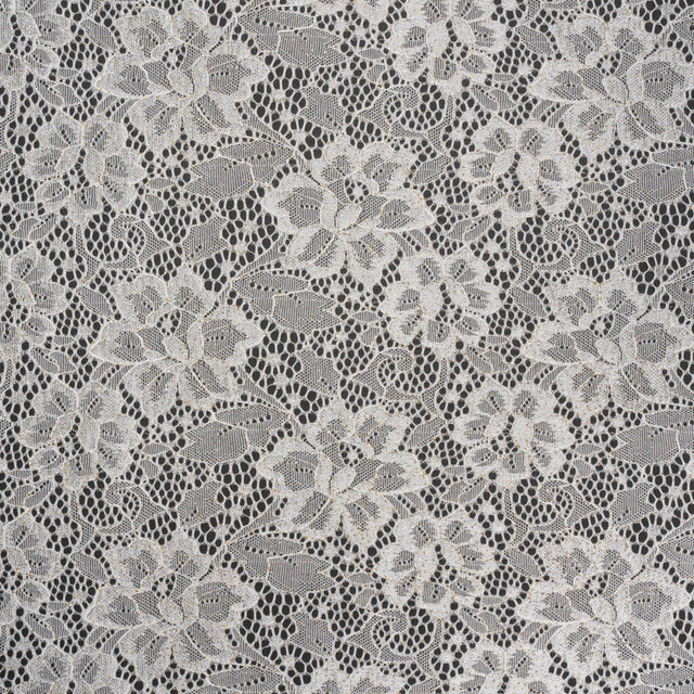 Stretch Corded Raschel Lace with All-Over Glitter - Candlelight Beige on White Floral