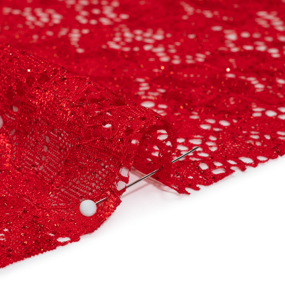 Stretch Corded Raschel Lace with All-Over Glitter - Red on Red Floral - Detail