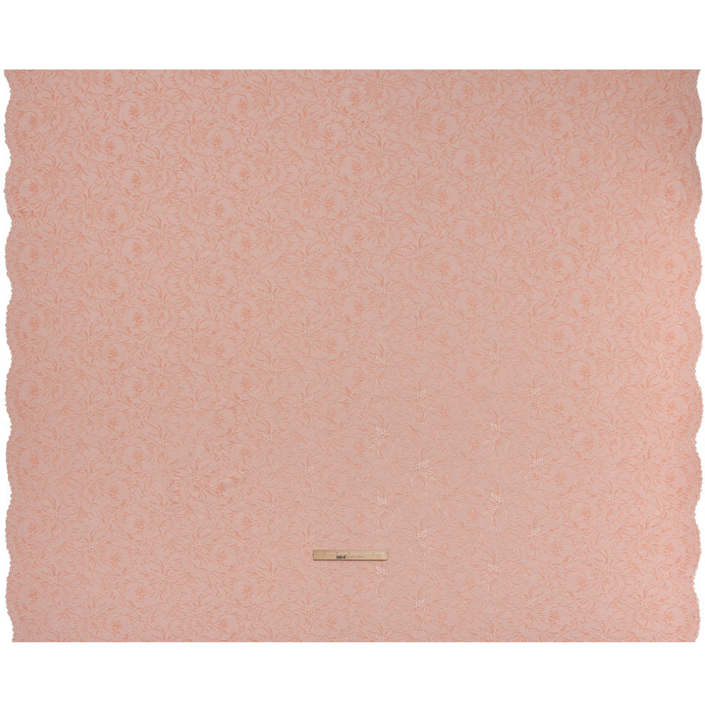 Stretch Corded Lace with Finished Edges - Salmon Pink and Natural Bold Blooming Florals - Dania Collection - Full