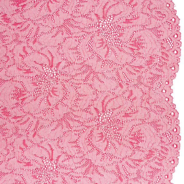 Stretch Corded Lace with Finished Edges - Raspberry Pink and Natural Bold Blooming Florals - Dania Collection