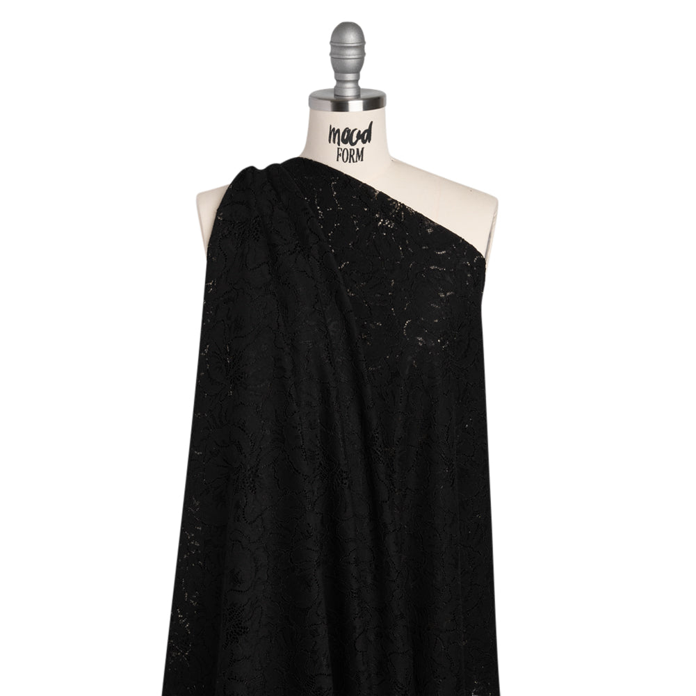 Stretch Corded Lace with Finished Edges - Black Bold Blooming Florals - Dania Collection - Drape