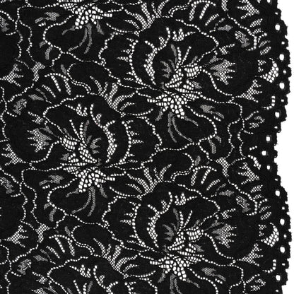 Stretch Corded Lace with Finished Edges - Black Bold Blooming Florals - Dania Collection