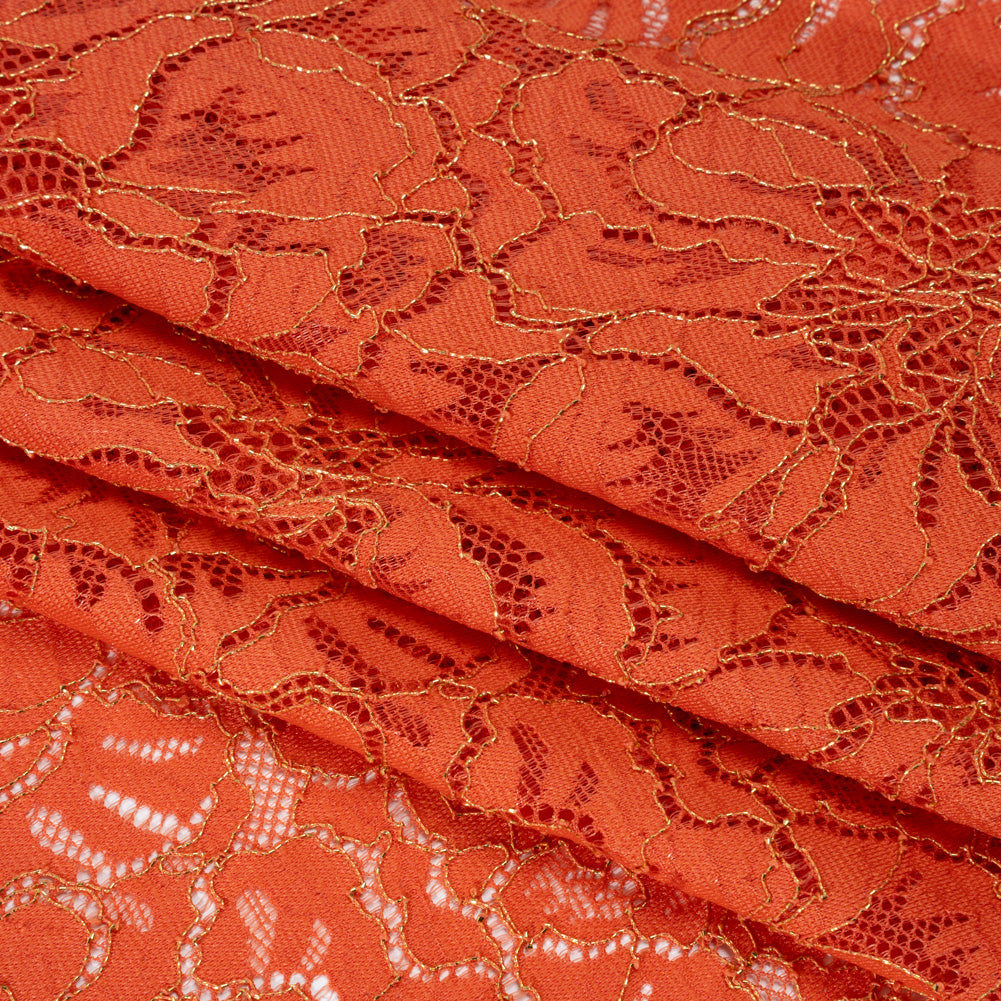 Stretch Metallic Corded Lace with Finished Edges - Burnt Sienna and Gold Bold Blooming Florals - Dania Collection - Folded