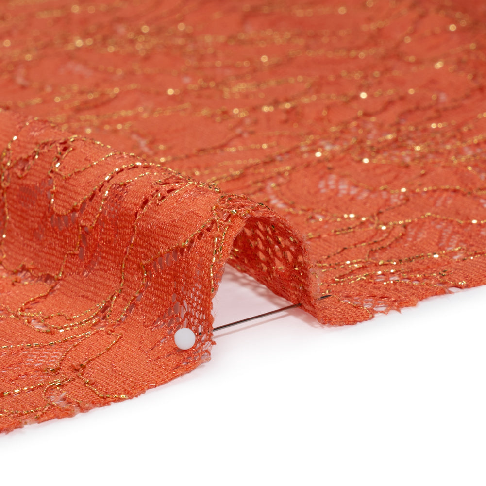Stretch Metallic Corded Lace with Finished Edges - Burnt Sienna and Gold Bold Blooming Florals - Dania Collection - Detail
