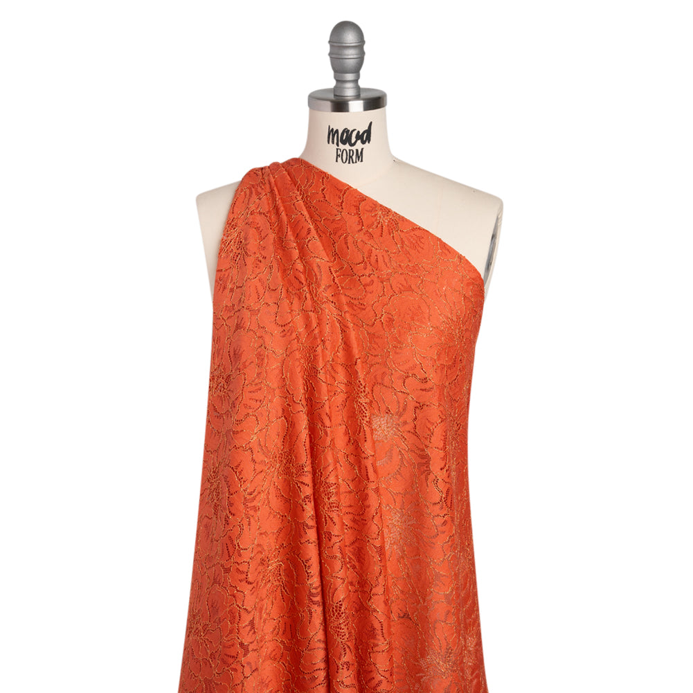 Stretch Metallic Corded Lace with Finished Edges - Burnt Sienna and Gold Bold Blooming Florals - Dania Collection - Drape