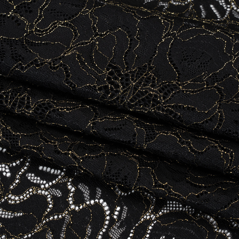 Stretch Metallic Corded Lace with Finished Edges - Black and Gold Bold Blooming Florals - Dania Collection - Folded