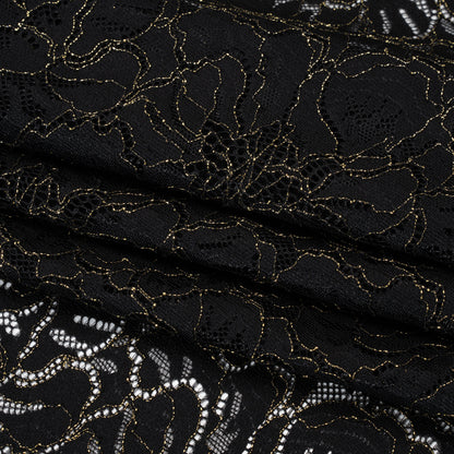 Stretch Metallic Corded Lace with Finished Edges - Black and Gold Bold Blooming Florals - Dania Collection