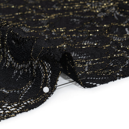 Stretch Metallic Corded Lace with Finished Edges - Black and Gold Bold Blooming Florals - Dania Collection