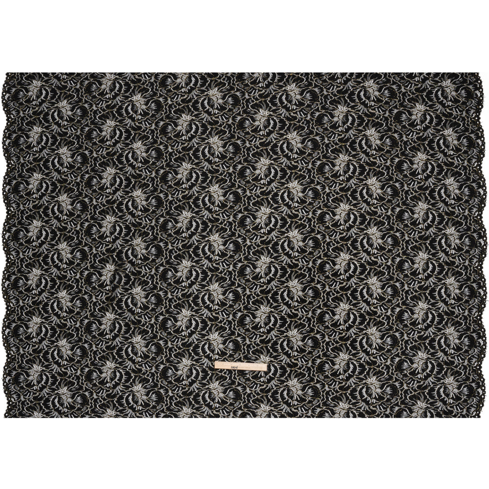 Stretch Metallic Corded Lace with Finished Edges - Black and Gold Bold Blooming Florals - Dania Collection - Full