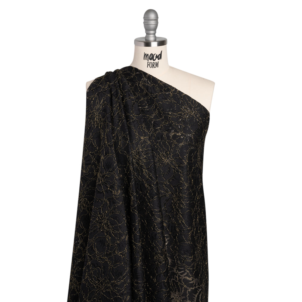 Stretch Metallic Corded Lace with Finished Edges - Black and Gold Bold Blooming Florals - Dania Collection - Drape