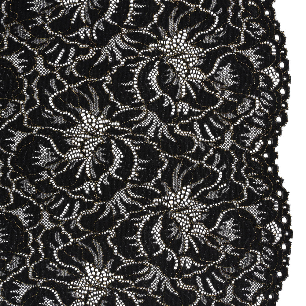 Stretch Metallic Corded Lace with Finished Edges - Black and Gold Bold Blooming Florals - Dania Collection
