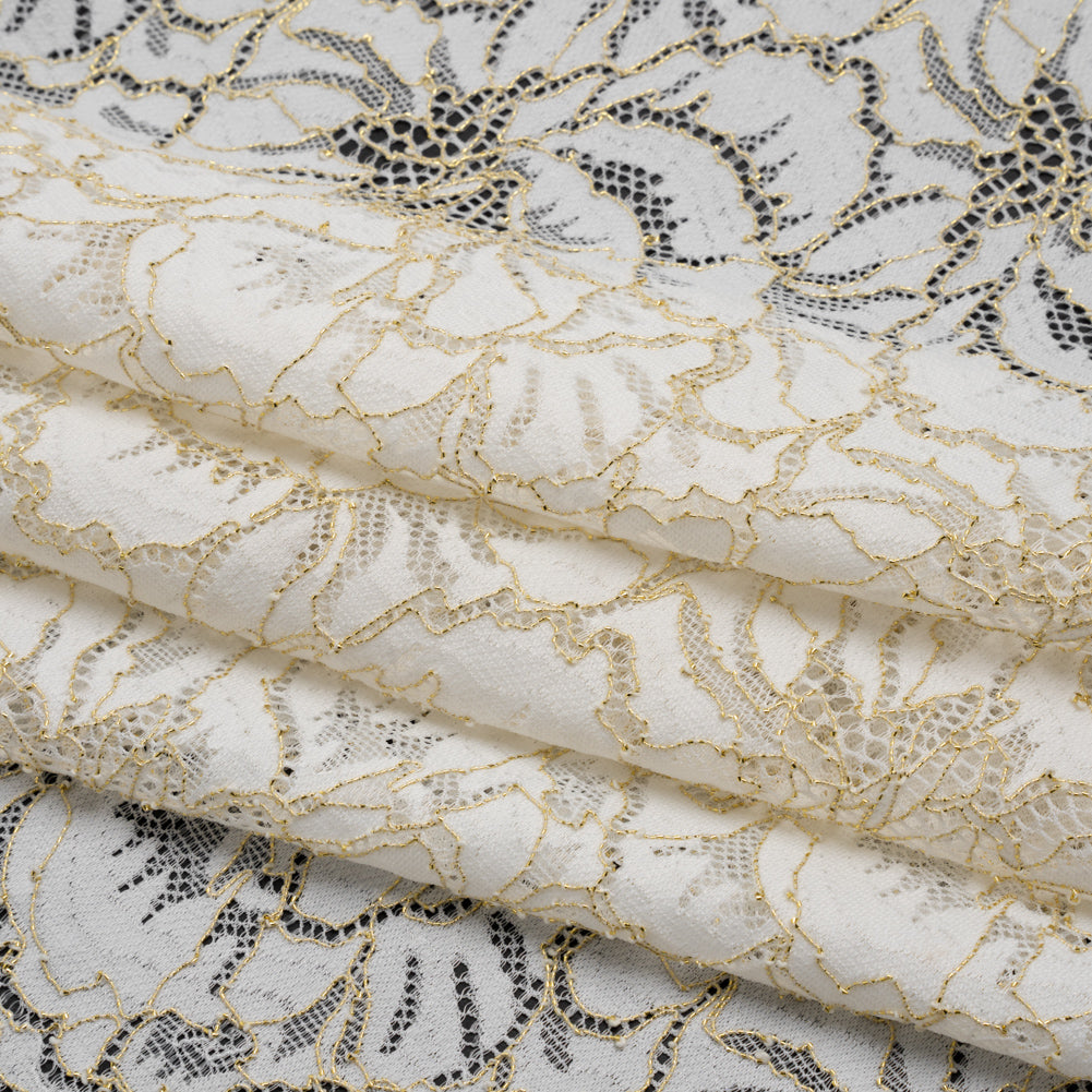 Stretch Metallic Corded Lace with Finished Edges - Ivory and Gold Bold Blooming Florals - Dania Collection - Folded