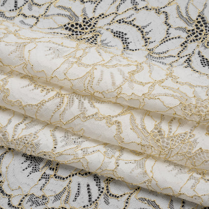 Stretch Metallic Corded Lace with Finished Edges - Ivory and Gold Bold Blooming Florals - Dania Collection