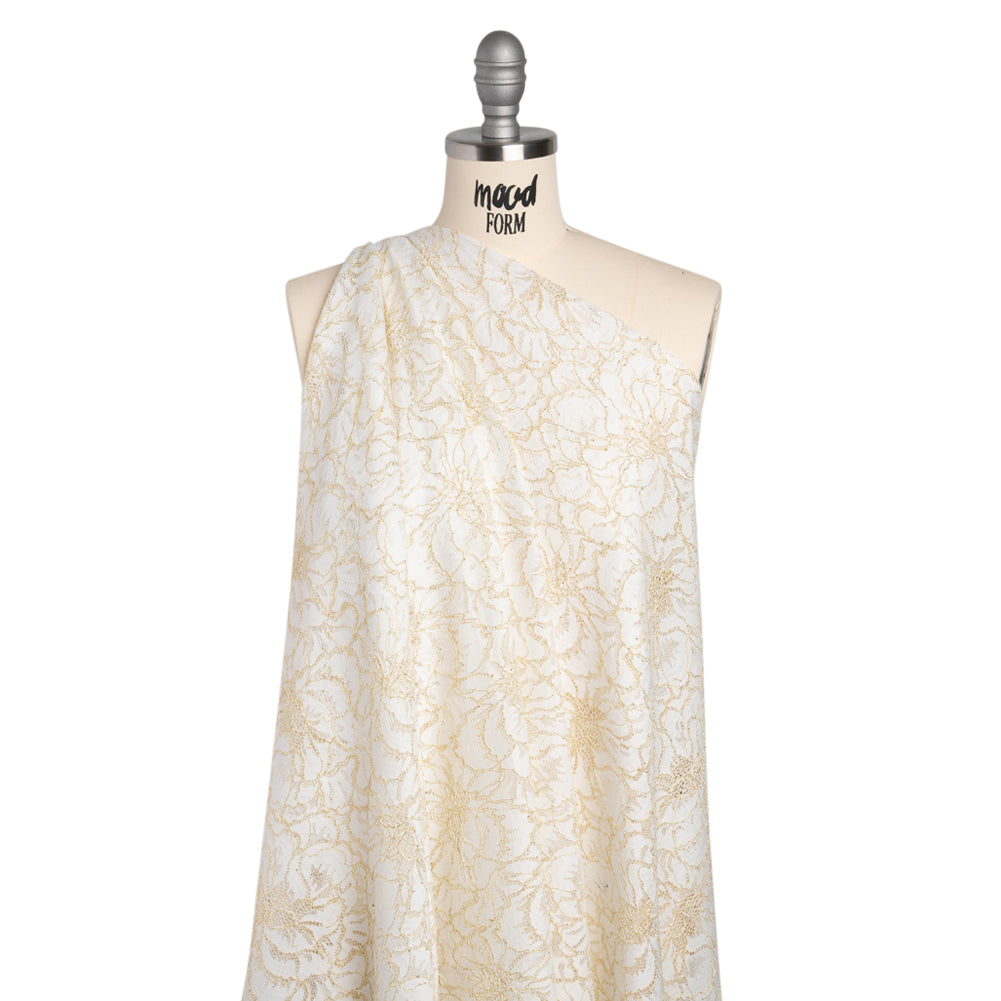Stretch Metallic Corded Lace with Finished Edges - Ivory and Gold Bold Blooming Florals - Dania Collection - Drape