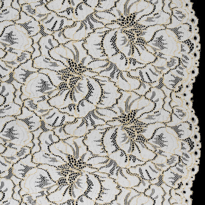 Stretch Metallic Corded Lace with Finished Edges - Ivory and Gold Bold Blooming Florals - Dania Collection