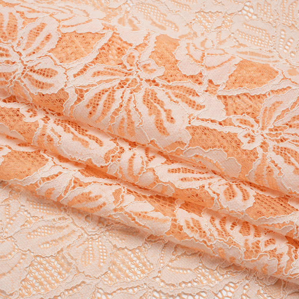 Stretch Corded Lace with Finished Edges - Shell Coral Orange and Natural Tropical Blossoms - Ottilie Collection - Folded