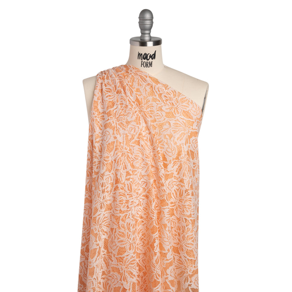 Stretch Corded Lace with Finished Edges - Shell Coral Orange and Natural Tropical Blossoms - Ottilie Collection - Drape