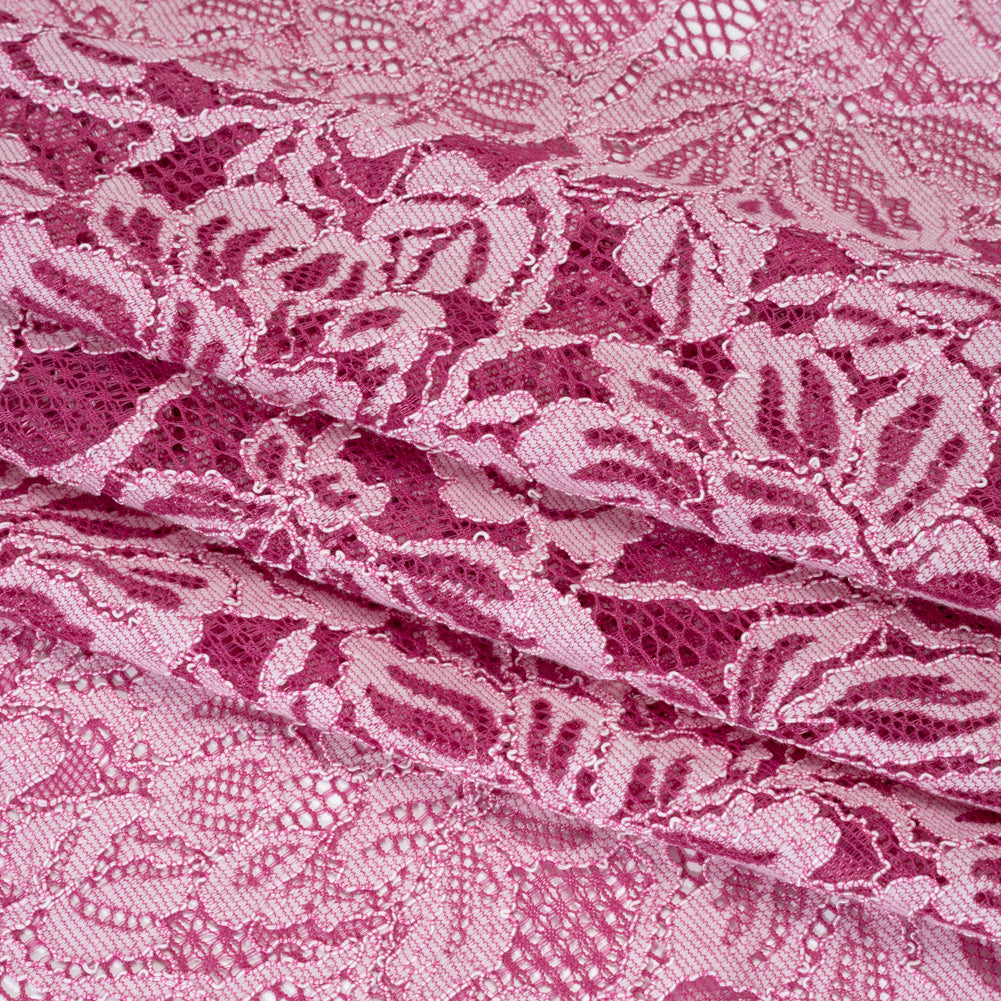Stretch Corded Lace with Finished Edges - Festival Fuchsia and Natural Tropical Blossoms - Ottilie Collection - Folded