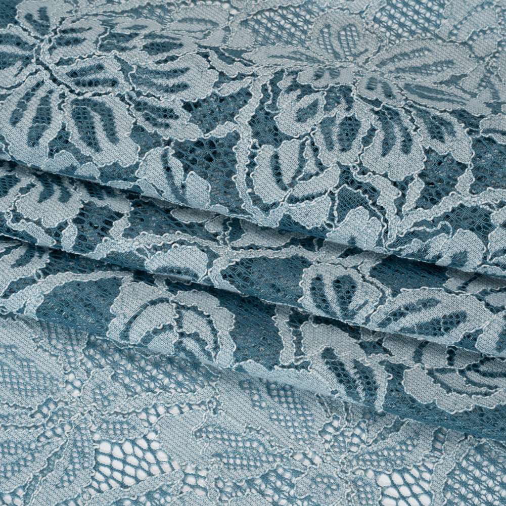 Stretch Corded Lace with Finished Edges - Storm Blue and Natural Tropical Blossoms - Ottilie Collection - Folded