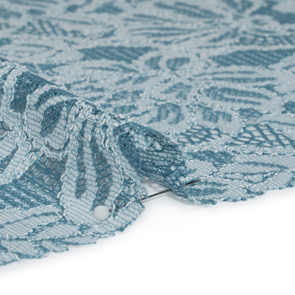 Stretch Corded Lace with Finished Edges - Storm Blue and Natural Tropical Blossoms - Ottilie Collection - Detail