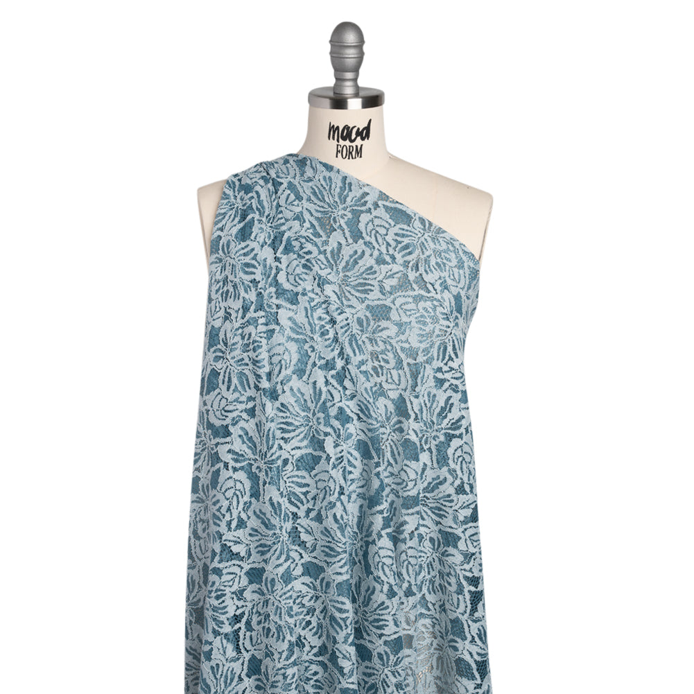 Stretch Corded Lace with Finished Edges - Storm Blue and Natural Tropical Blossoms - Ottilie Collection - Drape