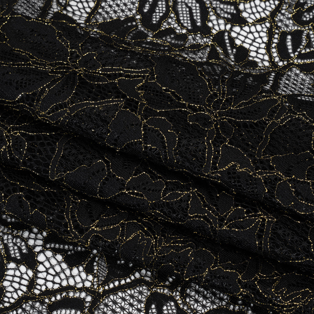 Stretch Metallic Corded Lace with Finished Edges - Black and Gold Tropical Blossoms - Ottilie Collection - Folded