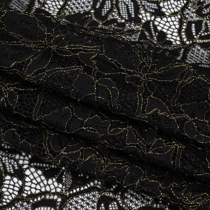 Stretch Metallic Corded Lace with Finished Edges - Black and Gold Tropical Blossoms - Ottilie Collection
