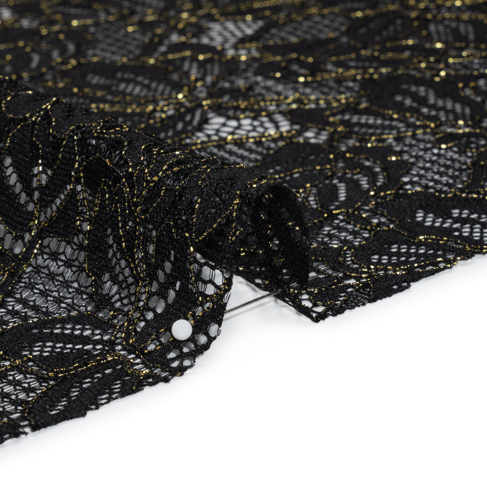 Stretch Metallic Corded Lace with Finished Edges - Black and Gold Tropical Blossoms - Ottilie Collection - Detail